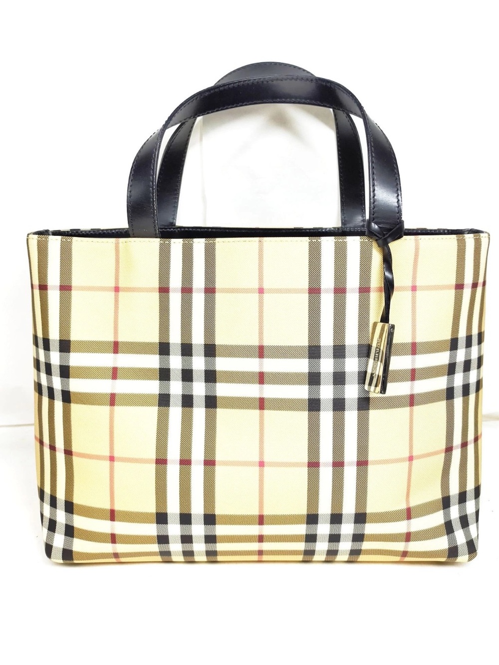 Burberry London Nova Check Tote Bag Beige Black Handbag Leather Trim